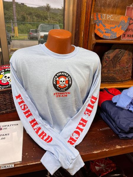 A light-blue long sleeve with the JPC Fishing Team logo and Fish Hard Die Rich down the sleeves