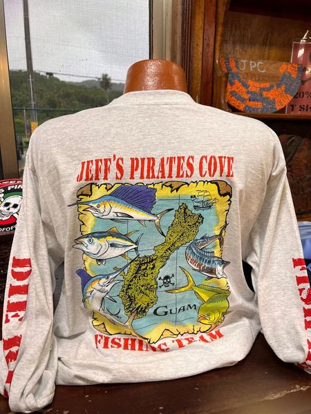A gray Jeff's Pirates Cove Fishing Team long sleeve with marlin and a map of Guam on the back