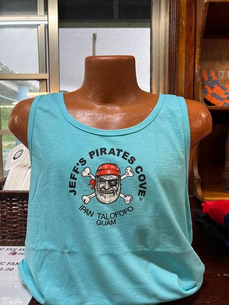 A teal tank top printed with the Jeff's Pirates Cove pirate logo, on a mannequin