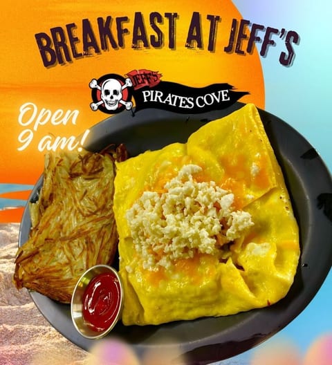Breakfast at Jeff's poster: an omelette with hash browns, open 9am