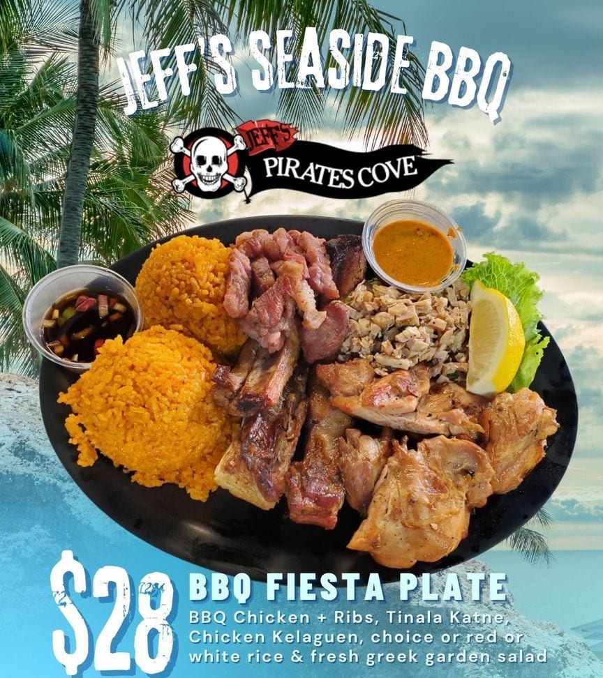 Jeff's Seaside BBQ poster: the $28 BBQ Fiesta Plate with chicken, ribs, red rice, and kelaguen