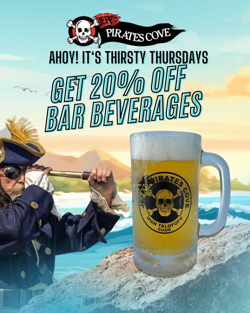 Thirsty Thursdays poster: Ahoy! It's Thirsty Thursdays, get 20% off bar beverages, with a frosted Jeff's Pirates Cove beer mug