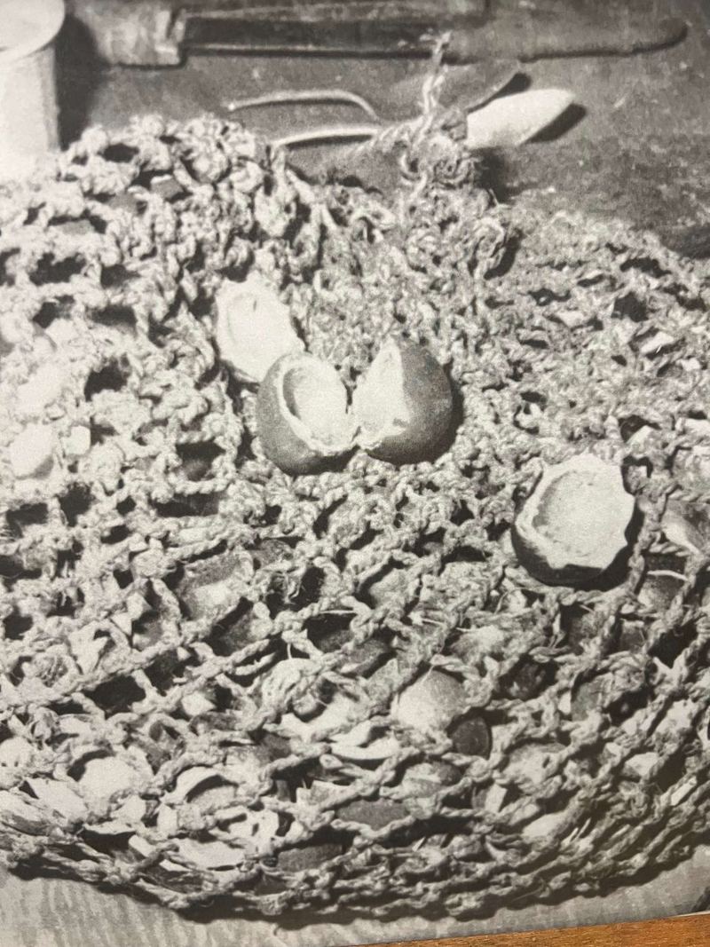 A woven net holding eggs and shells