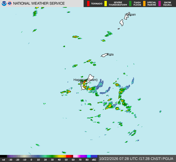 Rain radar around Guam from Andersen AFB, Guam (NEXRAD PGUA), today 4:29pm